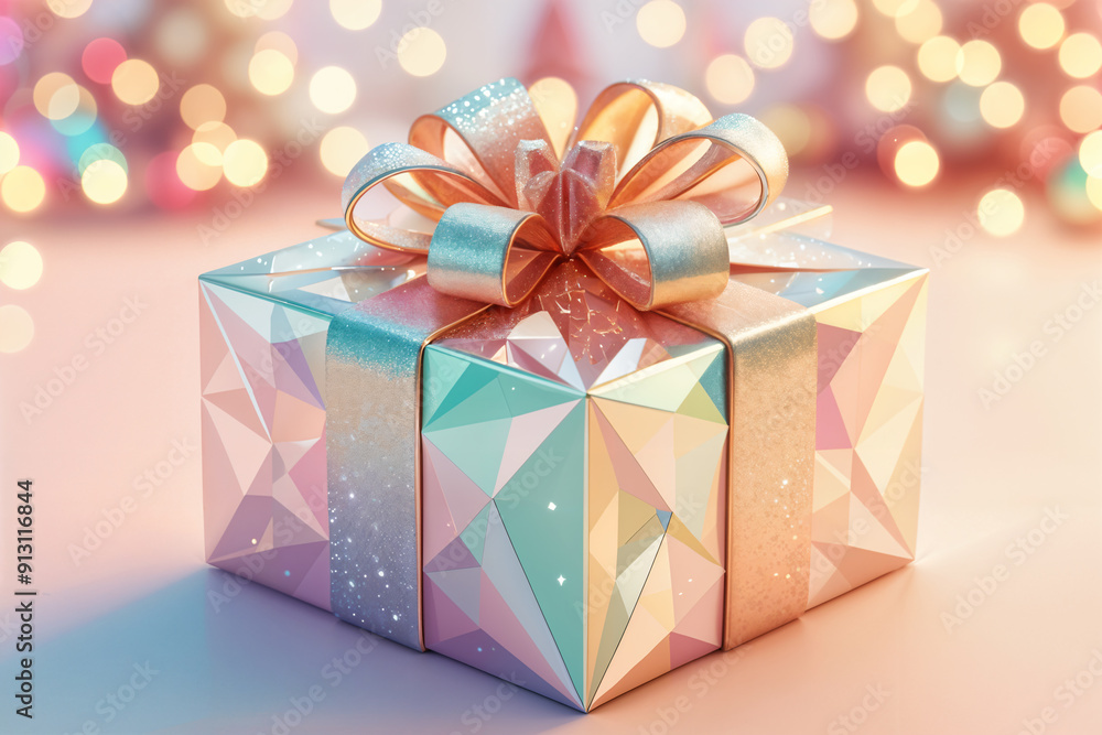 Colorful, geometric-patterned gift box with a shiny bow on top, set against a blurred background of festive lights. Colorful, geometric-patterned gift box with a shiny bow on top, set against a blurred background of festive lights.