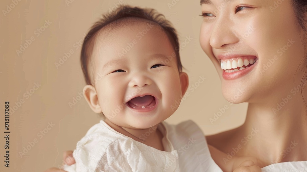 Studio portrait of an Asian mother and her smiling baby, capturing their tender bond and warm connection against a soft backdrop. Studio portrait of an Asian mother and her smiling baby, capturing their tender bond and warm connection against a soft backdrop.