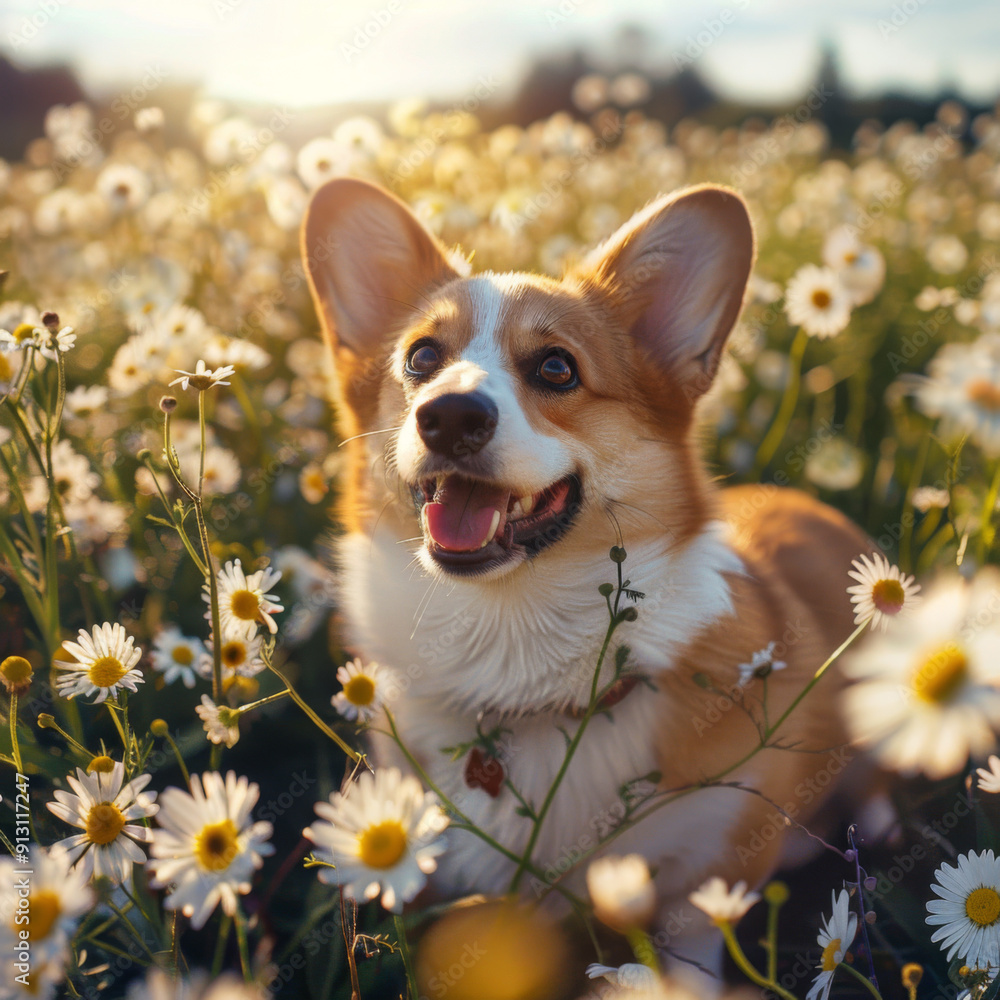 A Happy Corgi Dog Surrounded by Daisies in a Field A Happy Corgi Dog Surrounded by Daisies in a Field