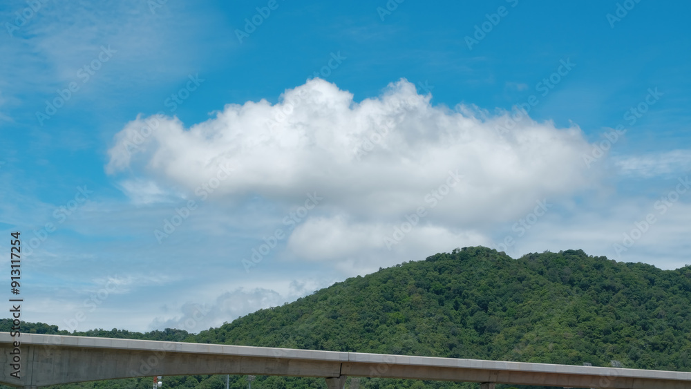 Serene landscape with a cloudy sky over green hills and a concrete bridge. Serene landscape with a cloudy sky over green hills and a concrete bridge.