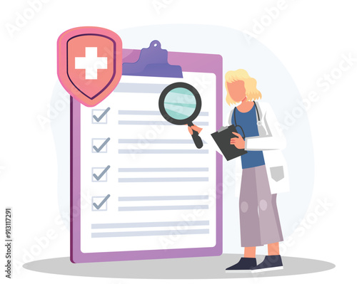 Care plan of medical test report for finding report disease problems with magnifying glass, doctor searching in document of care plan strategy for patient and doctor with healthcare professionals