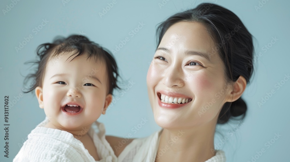 Gentle studio portrait of an Asian mother and her joyful baby, illustrating their deep connection and loving relationship. Gentle studio portrait of an Asian mother and her joyful baby, illustrating their deep connection and loving relationship.
