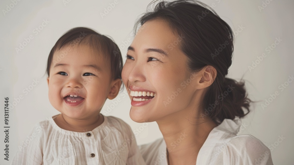 Radiant smiles of an Asian mother and her happy baby, reflecting their deep bond in a bright studio setting. Radiant smiles of an Asian mother and her happy baby, reflecting their deep bond in a bright studio setting.