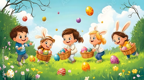 Cartoon kids participating in an Easter egg hunt with baskets colorful eggs and bunnies