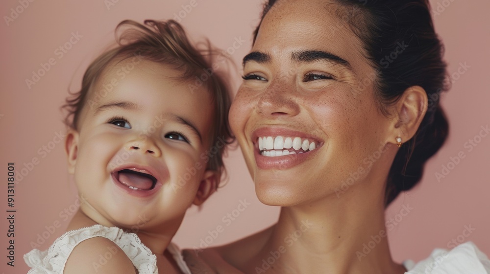 Joyful and tender bond between a Latino mother and her cheerful baby, beautifully captured in a bright studio. Joyful and tender bond between a Latino mother and her cheerful baby, beautifully captured in a bright studio.