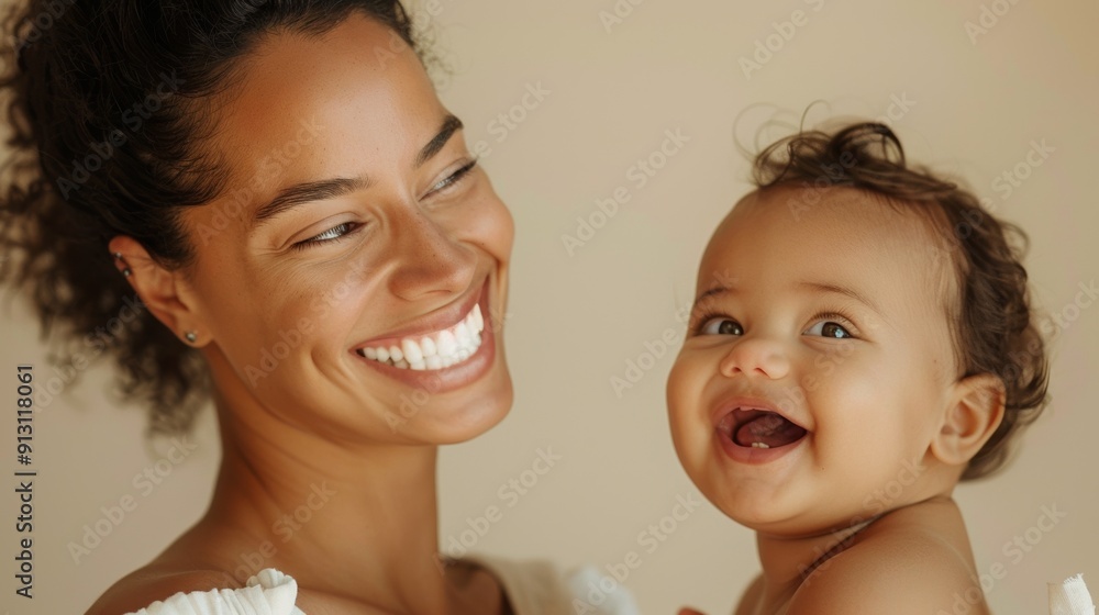 Tender smiles exchanged between a Latino mother and her delighted baby, beautifully portrayed in a light studio. Tender smiles exchanged between a Latino mother and her delighted baby, beautifully portrayed in a light studio.