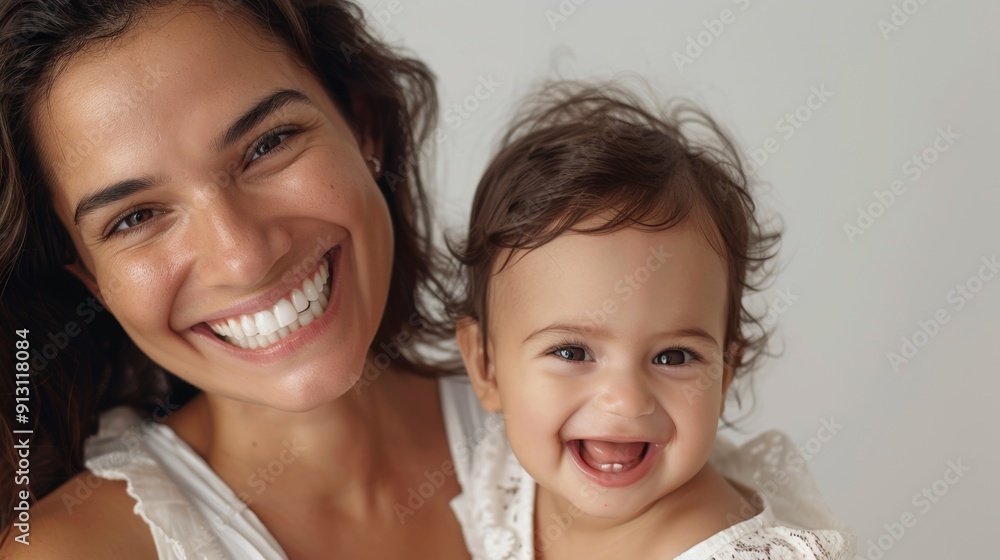 Warm and tender moment between a Brazilian mother and her beaming baby, captured in a light-filled studio. Warm and tender moment between a Brazilian mother and her beaming baby, captured in a light-filled studio.