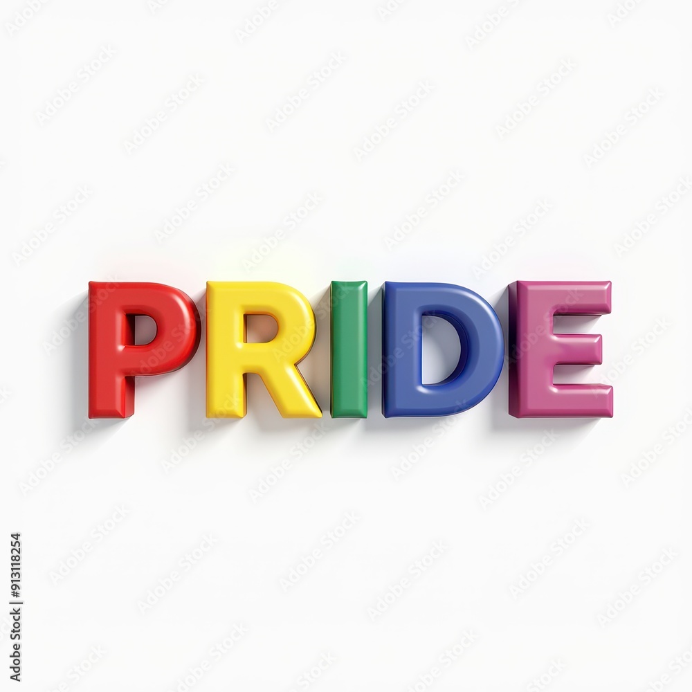Colorful PRIDE text in 3D letters on a white background. Colorful PRIDE text in 3D letters on a white background.
