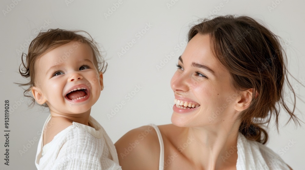 Joyful moment between a mother and her delighted baby, beautifully highlighted in a bright studio. Joyful moment between a mother and her delighted baby, beautifully highlighted in a bright studio.