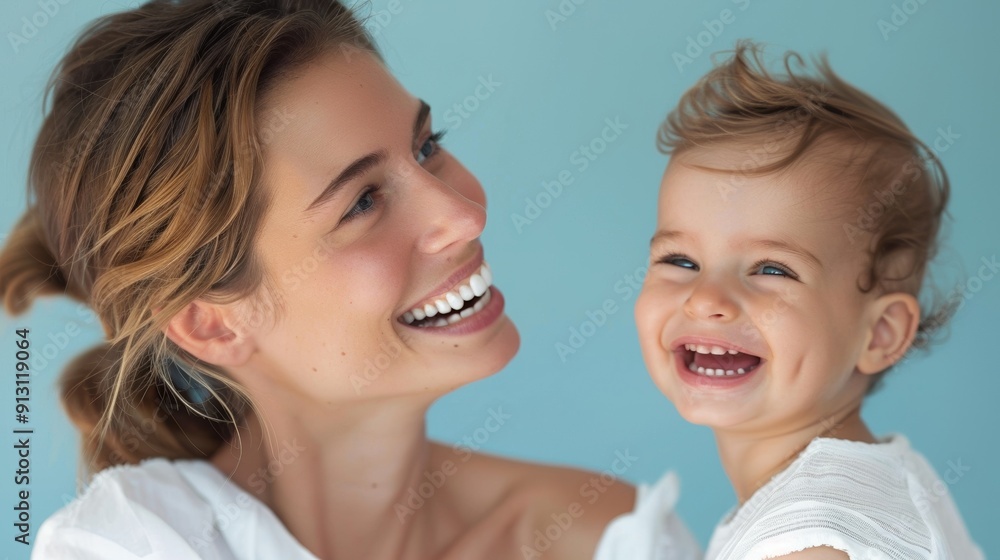 Gentle smiles of a mother and her happy baby, reflecting their mutual affection. Gentle smiles of a mother and her happy baby, reflecting their mutual affection.