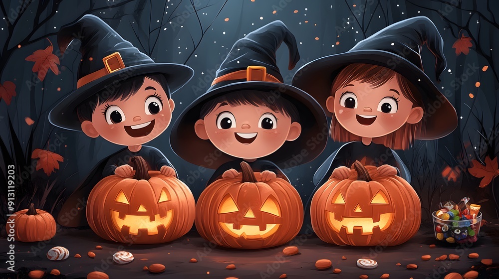 Fototapeta premium Cartoon kids dressing up for Halloween with spooky costumes carved pumpkins and candy