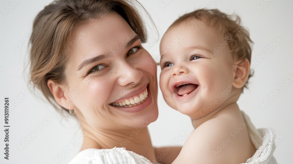 Gentle and loving moment between a mother and her beaming baby, beautifully highlighted in a bright studio. Gentle and loving moment between a mother and her beaming baby, beautifully highlighted in a bright studio.