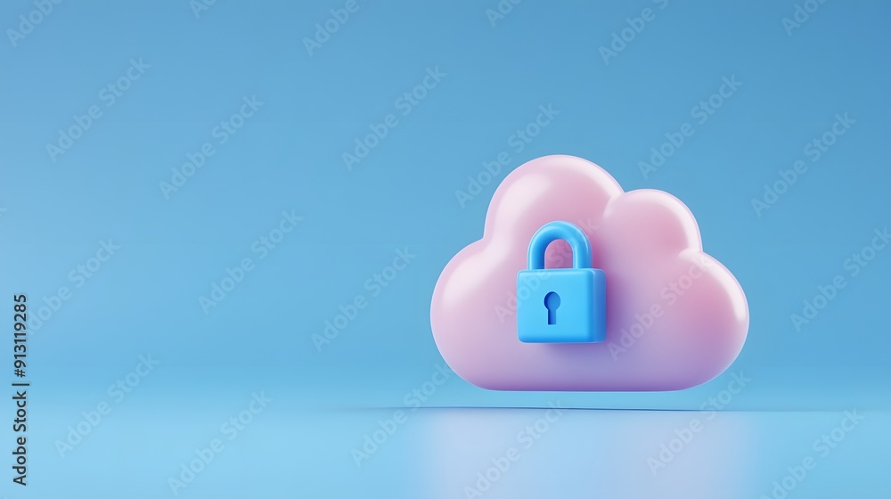 Secure cloud storage concept illustrated by a pink cloud with a blue padlock on a minimalist blue background. Secure cloud storage concept illustrated by a pink cloud with a blue padlock on a minimalist blue background.