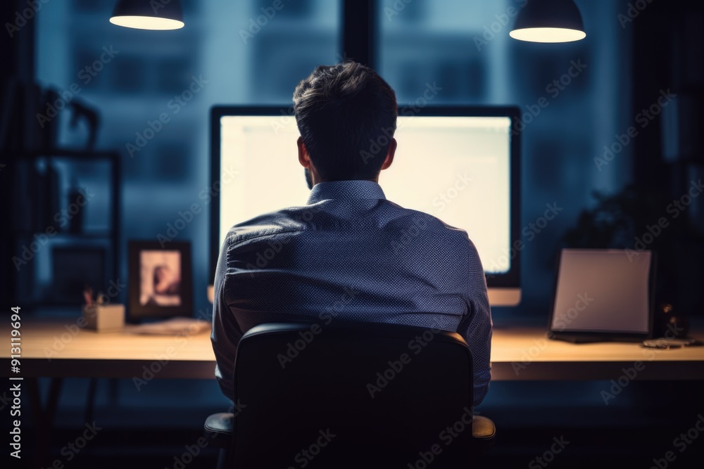 man sitting with his back to the monitor. programmer. IT. manager. analyst. processing. student studying at night. preparing for exams man sitting with his back to the monitor. programmer. IT. manager. analyst. processing. student studying at night. preparing for exams