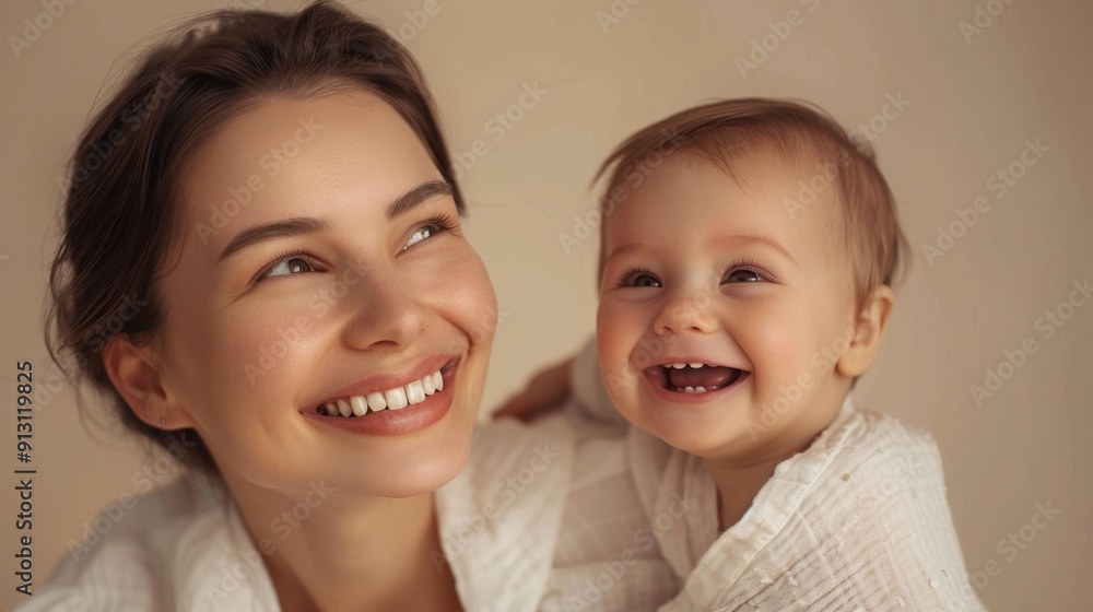 Warmth and love radiate from the smiles of a mother and her happy baby in a bright studio. Warmth and love radiate from the smiles of a mother and her happy baby in a bright studio.