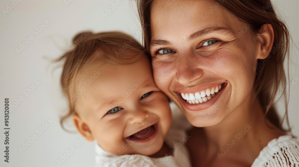 Affectionate smiles shared between a mother and her cheerful baby radiate warmth in a bright studio. Affectionate smiles shared between a mother and her cheerful baby radiate warmth in a bright studio.