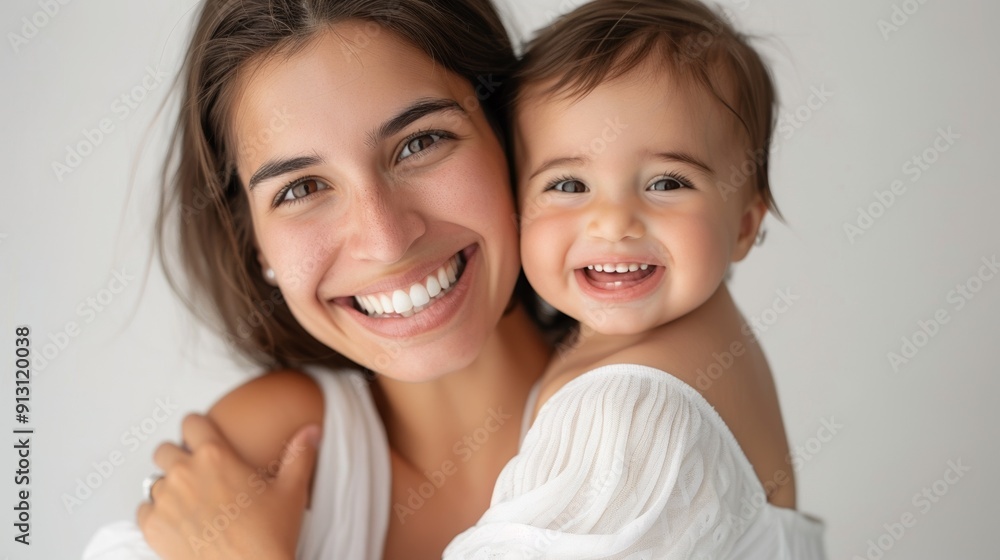 Highlighting their strong connection, a heartfelt studio portrait of a mother and her happy baby. Highlighting their strong connection, a heartfelt studio portrait of a mother and her happy baby.