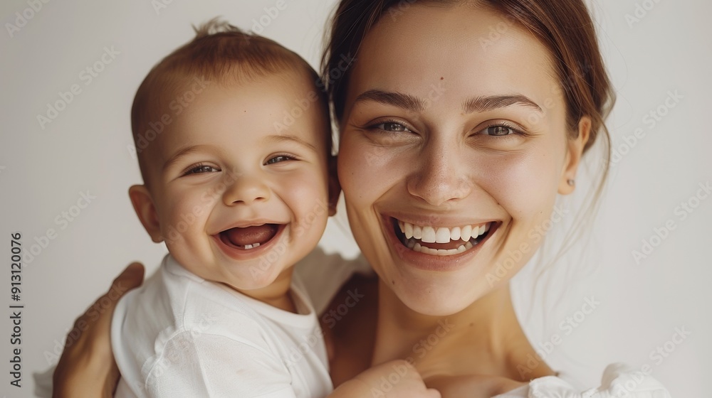A joyful interaction between a mother and her delighted baby, captured in a light-filled studio. A joyful interaction between a mother and her delighted baby, captured in a light-filled studio.