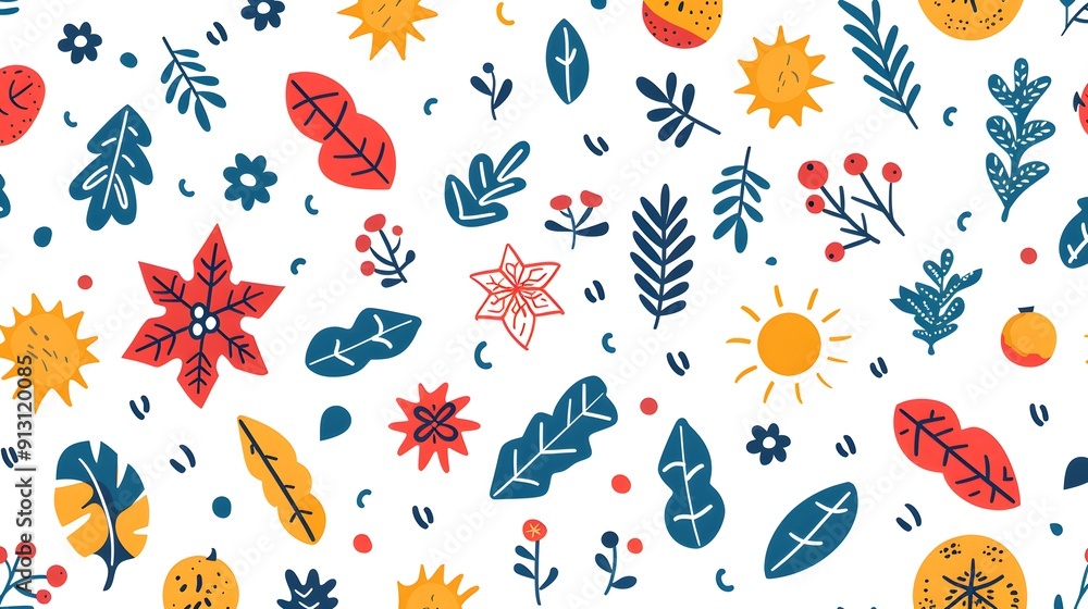 Seamless pattern of various leaves, flowers, and suns in red, blue, and yellow on a white background. Nature and botanical illustration for design and print.
Seamless pattern of various leaves, flowers, and suns in red, blue, and yellow on a white background. Nature and botanical illustration for design and print.