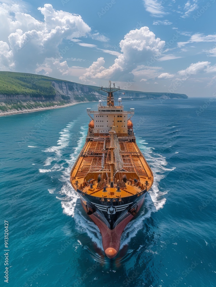 Obraz premium A large ship is sailing in the ocean. The sky is cloudy and the water is blue. The ship is the main focus of the image