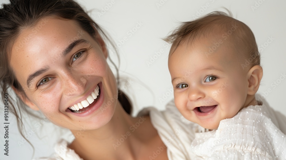 In a bright studio environment, a mother and her joyful baby share a heartfelt interaction. In a bright studio environment, a mother and her joyful baby share a heartfelt interaction.