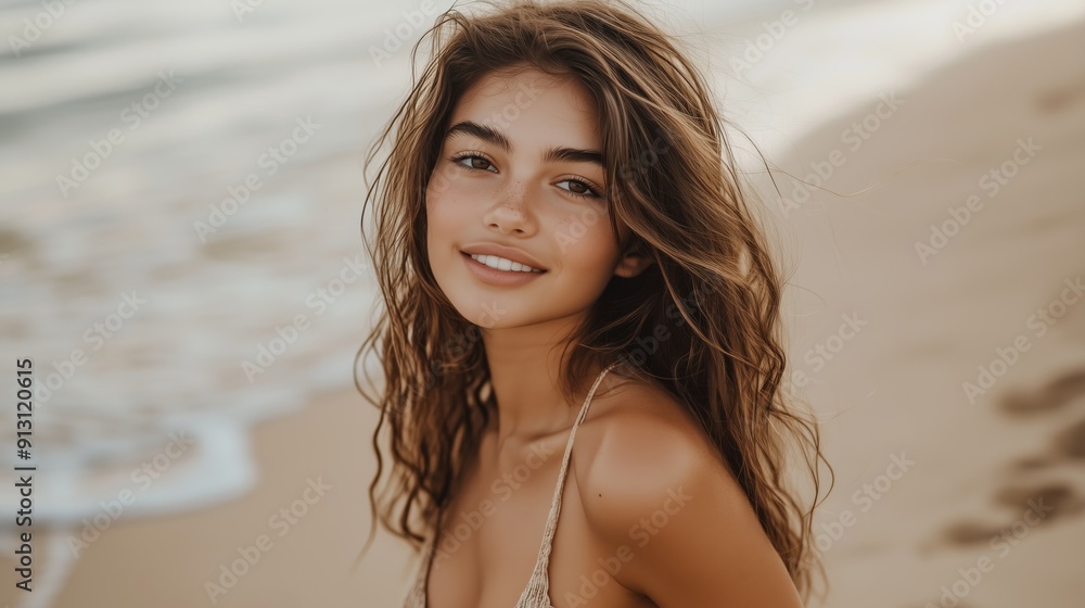 A model poses elegantly on a serene beach A model poses elegantly on a serene beach