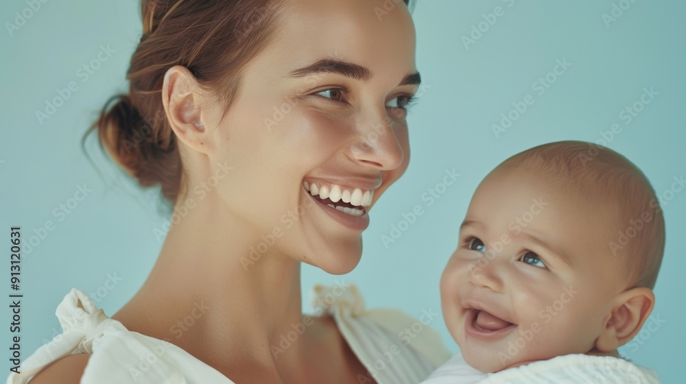 Capturing a warm moment, a mother and her delighted baby share a heartfelt connection in a serene studio. Capturing a warm moment, a mother and her delighted baby share a heartfelt connection in a serene studio.
