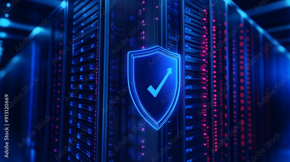Secure data center with glowing blue lights and a shield icon. Represents cybersecurity and data protection. Secure data center with glowing blue lights and a shield icon. Represents cybersecurity and data protection.