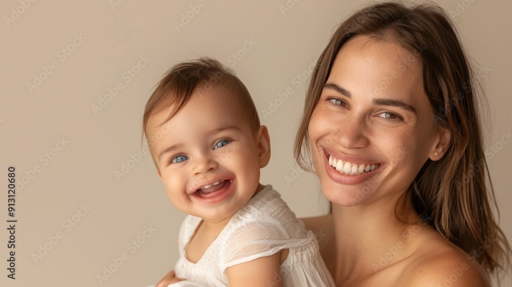 The warmth of a mother's smile and her baby's joyful expression shine brightly in a light-filled studio. The warmth of a mother's smile and her baby's joyful expression shine brightly in a light-filled studio.