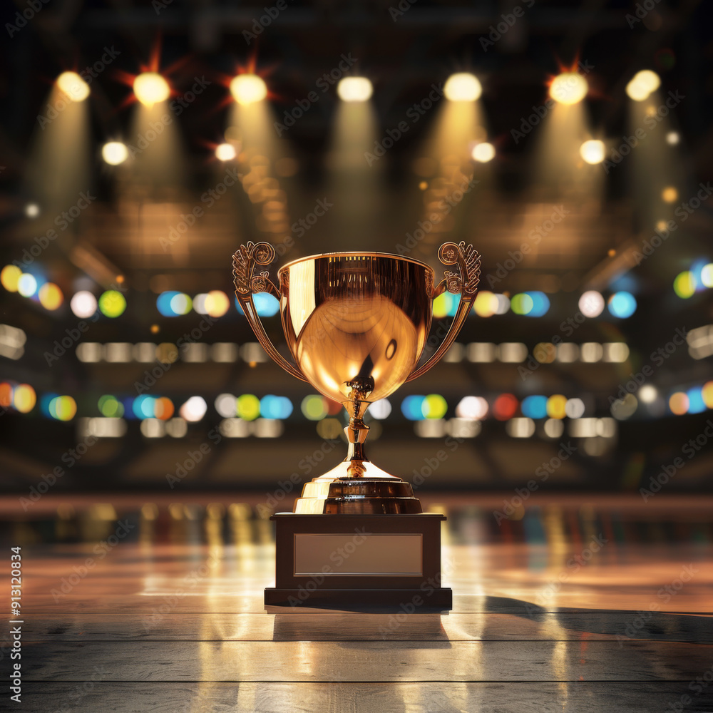 Golden Trophy on Wooden Platform with Blurred Lights in the Background Golden Trophy on Wooden Platform with Blurred Lights in the Background