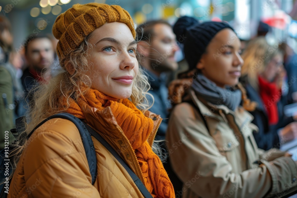 People are standing in line. Portrait of one person against the background of the crowd on the street. Generative AI People are standing in line. Portrait of one person against the background of the crowd on the street. Generative AI