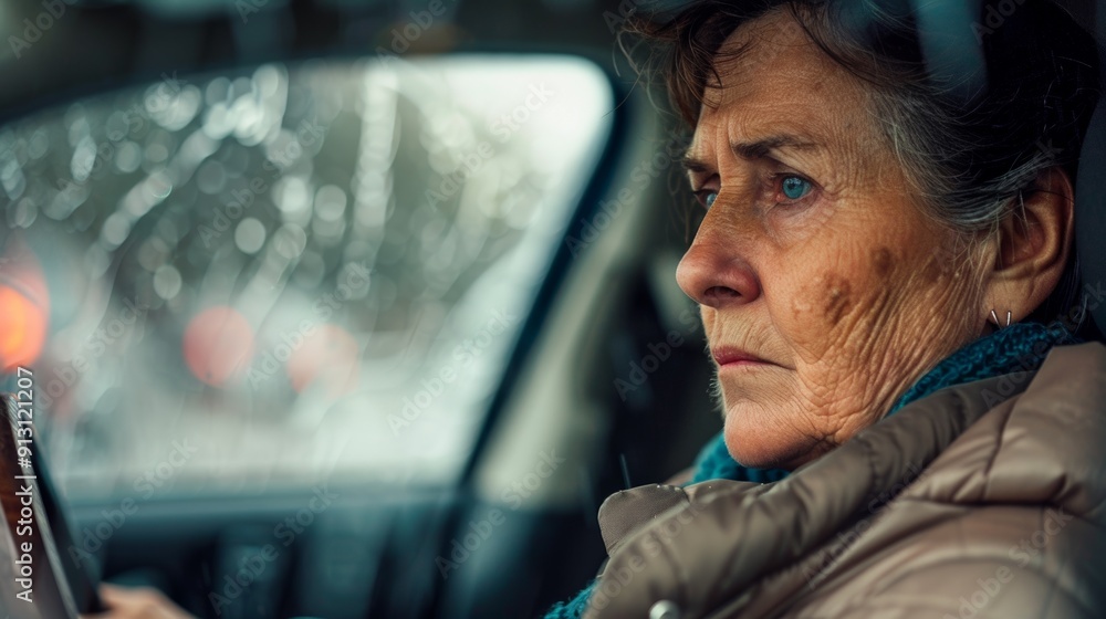 Closeup of a middle-aged woman driver, rain outside, thoughtful expression. Closeup of a middle-aged woman driver, rain outside, thoughtful expression.