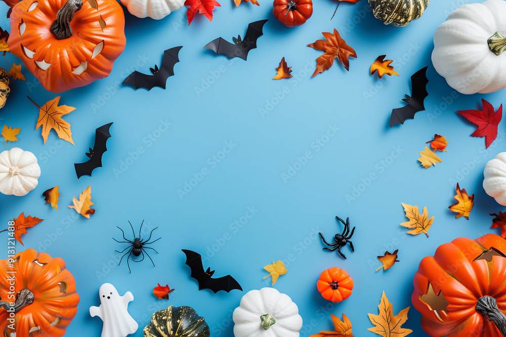 Halloween Frame with Party Decorations and Pumpkins on Blue Background Halloween Frame with Party Decorations and Pumpkins on Blue Background