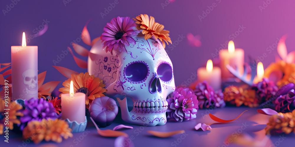 3d rendering, mexican day of the death tradition background with sugar skulls, cempasuchilt marigold flower and candles frame. Copy space for text or design. day of death concept banner template. 3d rendering, mexican day of the death tradition background with sugar skulls, cempasuchilt marigold flower and candles frame. Copy space for text or design. day of death concept banner template.