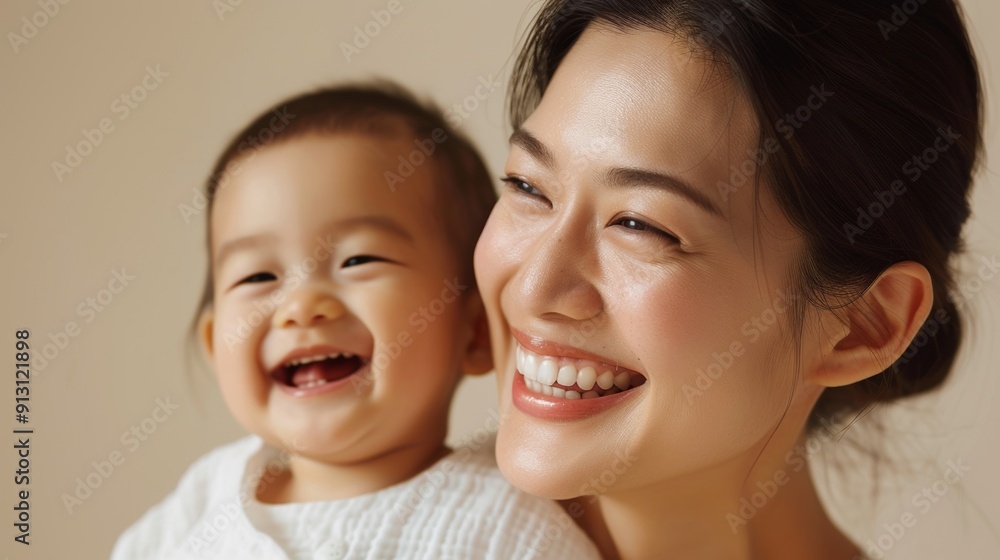 Endearing studio photograph of an Asian mother and her delighted baby, emphasizing their close connection and joyful interaction. Endearing studio photograph of an Asian mother and her delighted baby, emphasizing their close connection and joyful interaction.