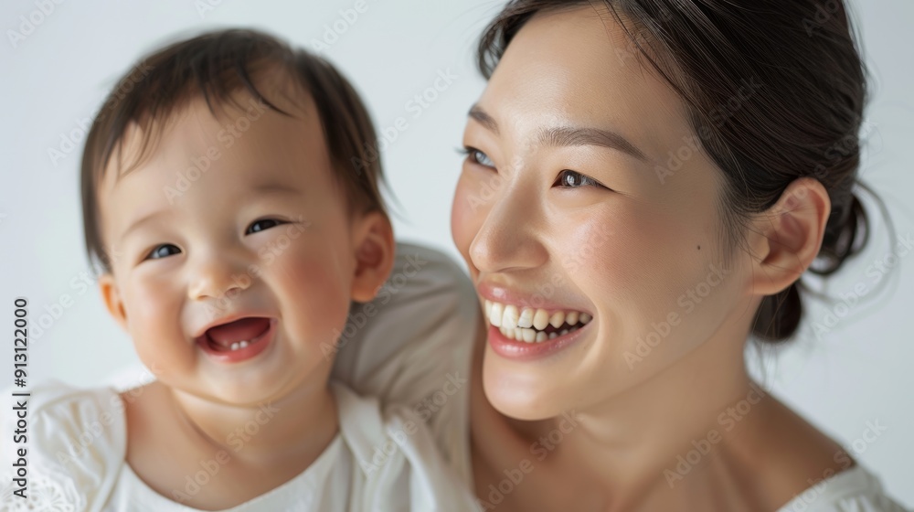 Joyful studio moment of an Asian mother and her beaming baby, showcasing their deep bond. Joyful studio moment of an Asian mother and her beaming baby, showcasing their deep bond.