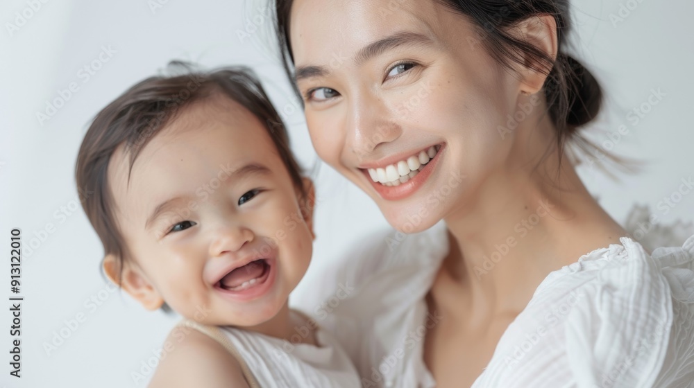 Gentle smiles of an Asian mother and her baby, radiating warmth and affection in a light-filled studio. Gentle smiles of an Asian mother and her baby, radiating warmth and affection in a light-filled studio.