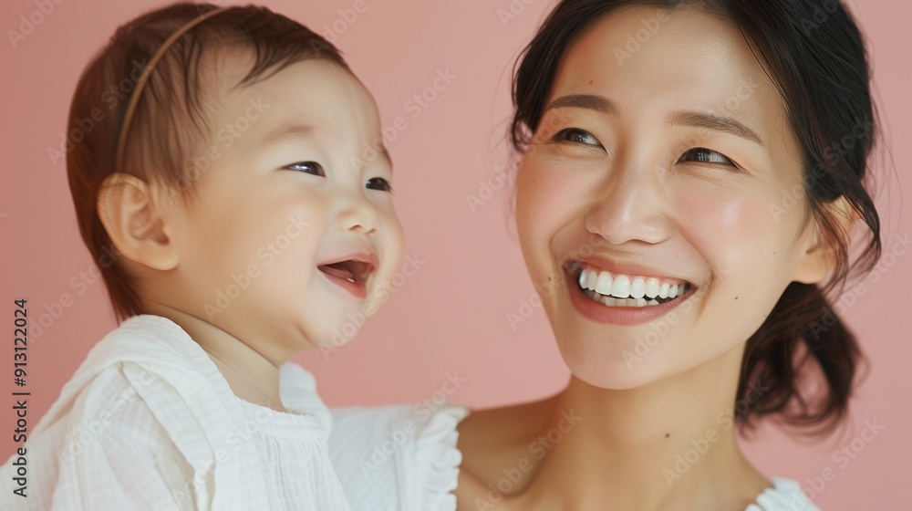 Tender studio portrait of an Asian mother and her delighted baby, reflecting their loving connection. Tender studio portrait of an Asian mother and her delighted baby, reflecting their loving connection.