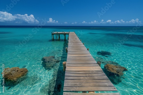 A wooden pier is in the water next to a beach