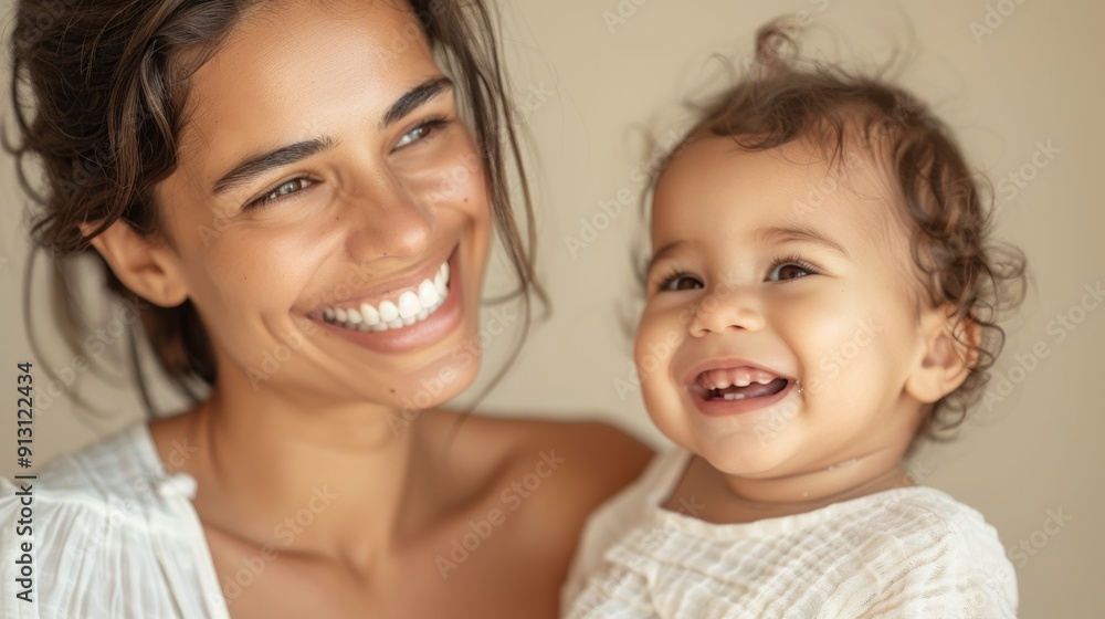 Loving studio portrait of a Latino mother and her delighted baby, capturing their mutual affection. Loving studio portrait of a Latino mother and her delighted baby, capturing their mutual affection.