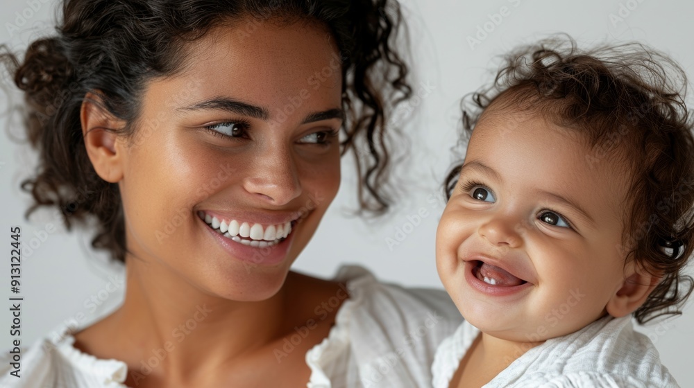 Heartfelt connection of a Brazilian mother and her joyful baby, captured in a light-filled studio setting. Heartfelt connection of a Brazilian mother and her joyful baby, captured in a light-filled studio setting.
