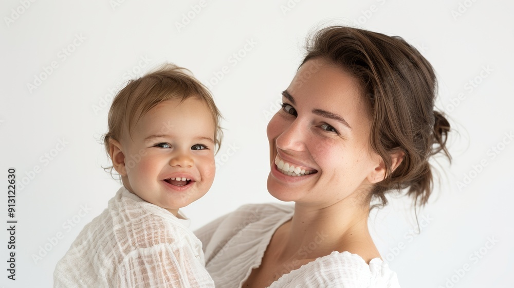 Affectionate interaction of a mother and her joyful baby, captured in a light studio setting. Affectionate interaction of a mother and her joyful baby, captured in a light studio setting.
