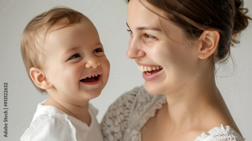 Joyful studio portrait of a mother and her smiling baby, radiating mutual affection and love. Joyful studio portrait of a mother and her smiling baby, radiating mutual affection and love.