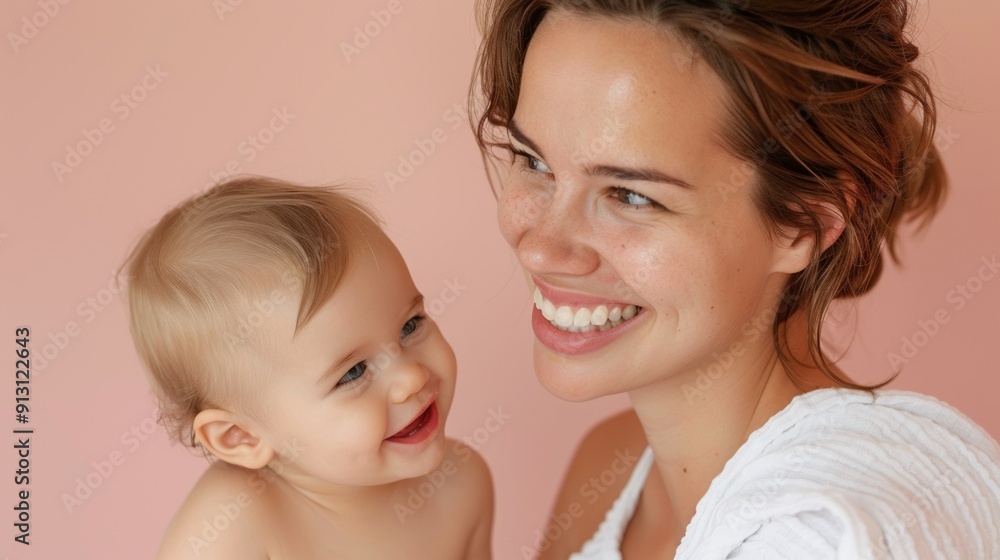 Joyful studio portrait of a mother and her smiling baby, radiating mutual affection and love. Joyful studio portrait of a mother and her smiling baby, radiating mutual affection and love.