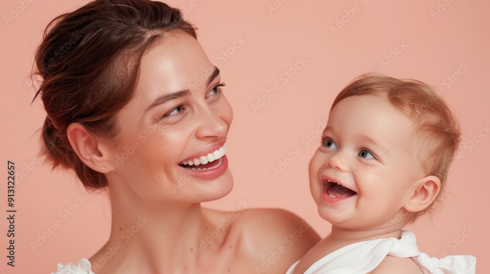 Affectionate bond between a mother and her happy baby, highlighted in a serene studio setting. Affectionate bond between a mother and her happy baby, highlighted in a serene studio setting.