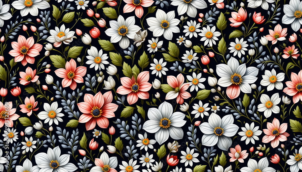 Vibrant array of tropical flowers, including white and orange blossoms, set against a backdrop of lush green foliage Vibrant array of tropical flowers, including white and orange blossoms, set against a backdrop of lush green foliage