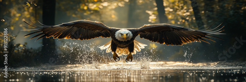 Eagle catches fish from the water, flying over the lake at sunset.