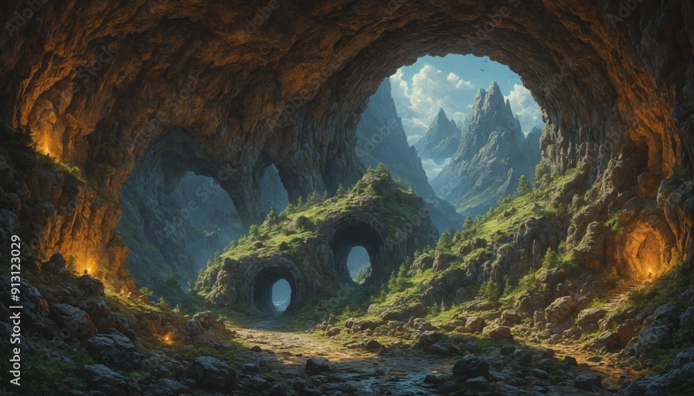 View of mountainous landscape seen through openings in cave. Openings are framed by rough, textured rock formations and offer glimpse of winding path through valley below