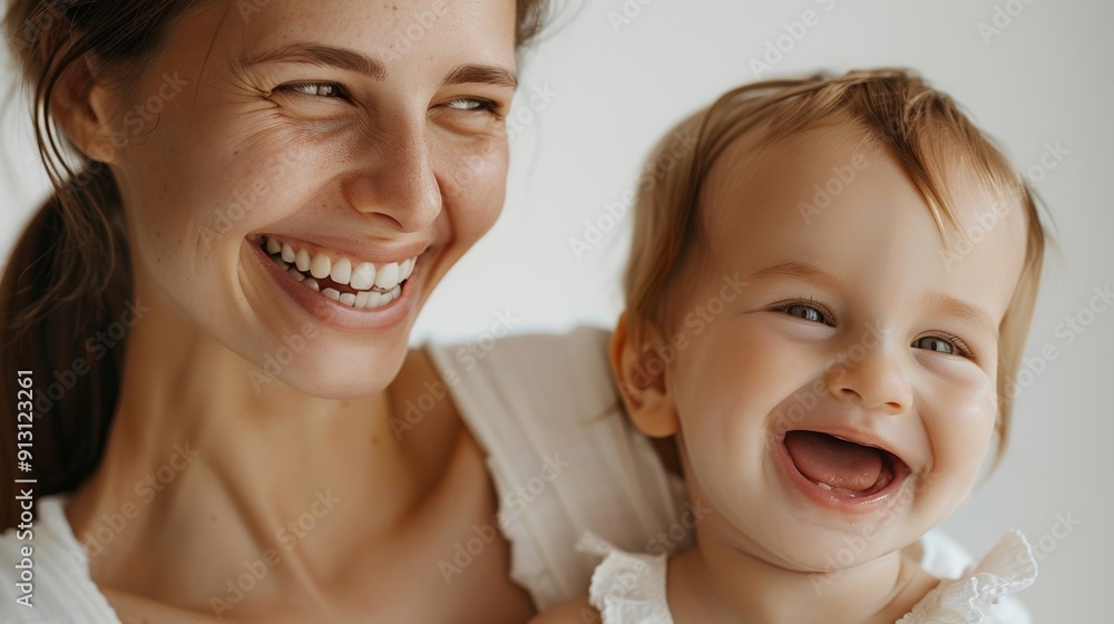 Joy radiates from the loving smiles of a mother and her beaming baby in a light-filled studio. Joy radiates from the loving smiles of a mother and her beaming baby in a light-filled studio.