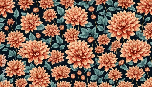 Seamless pattern vibrant peach-colored dahlias against a dark background. Intricate details of the flowers and their lush green foliage